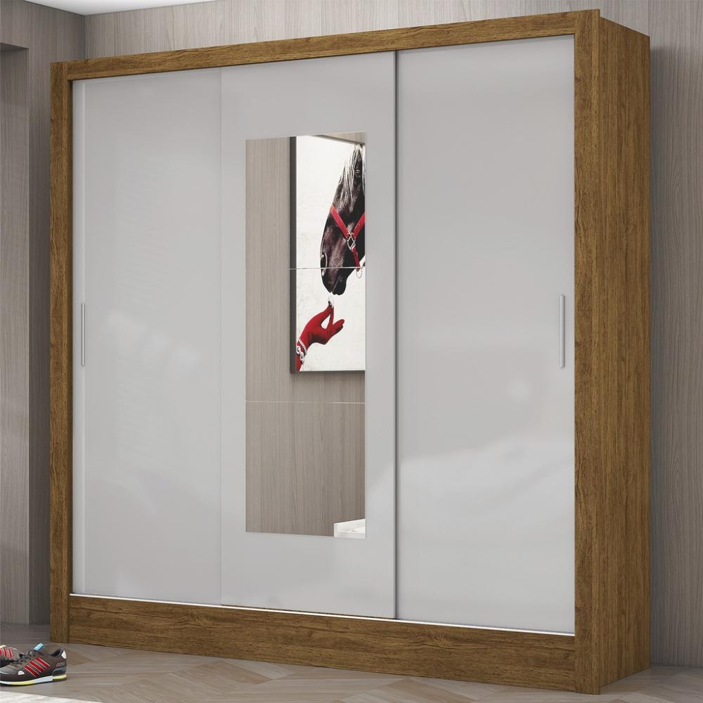 Guarda Roupa Roupeiro Dubai 3 Portas de Correr com Espelho Central 3 Gavetas Carioca Cinamomo Off White