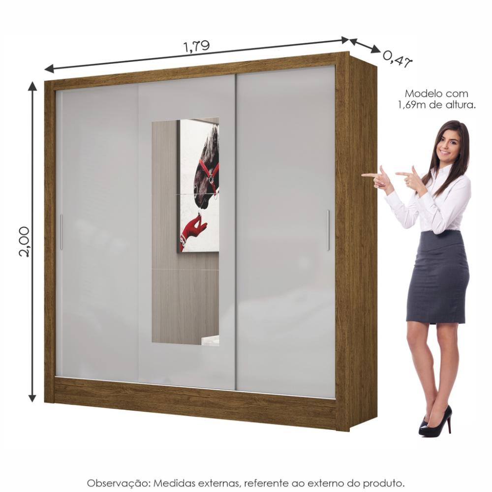 Guarda Roupa Roupeiro Dubai 3 Portas de Correr com Espelho Central 3 Gavetas Carioca Cinamomo Off White