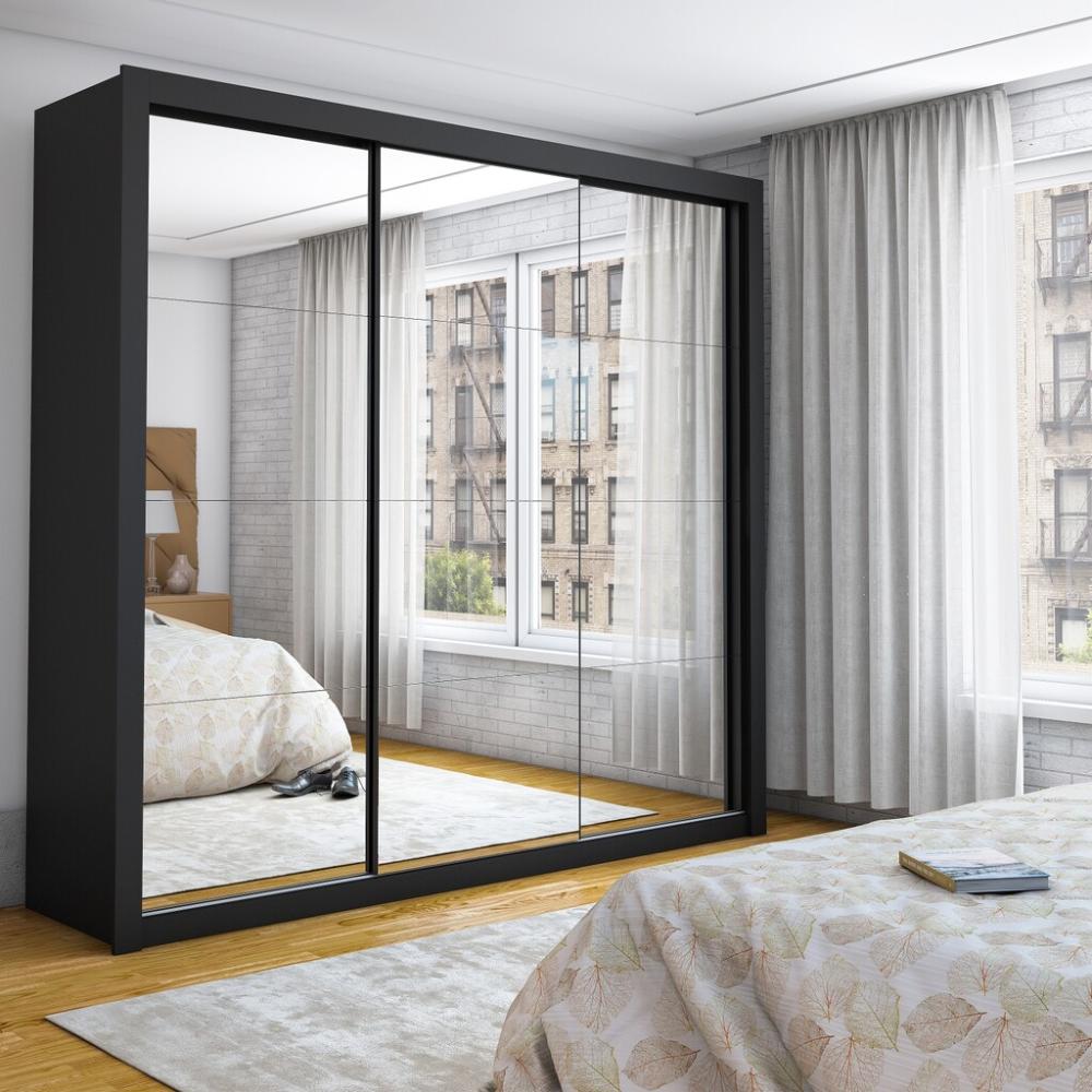 Guarda Roupa Roupeiro Isabela Master 3 Portas de correr com Espelho e 4 Gavetas Carioca Preto
