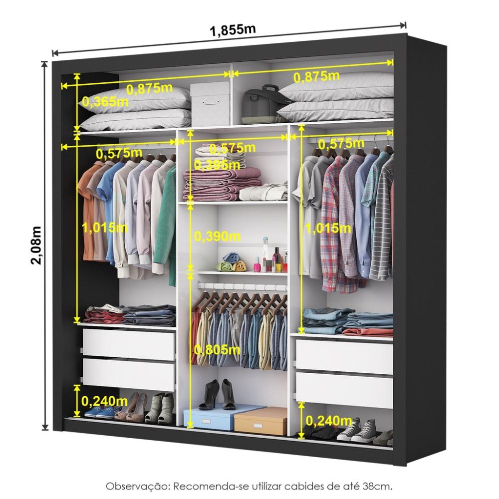 Guarda Roupa Roupeiro Isabela Master 3 Portas de correr com Espelho e 4 Gavetas Carioca Preto