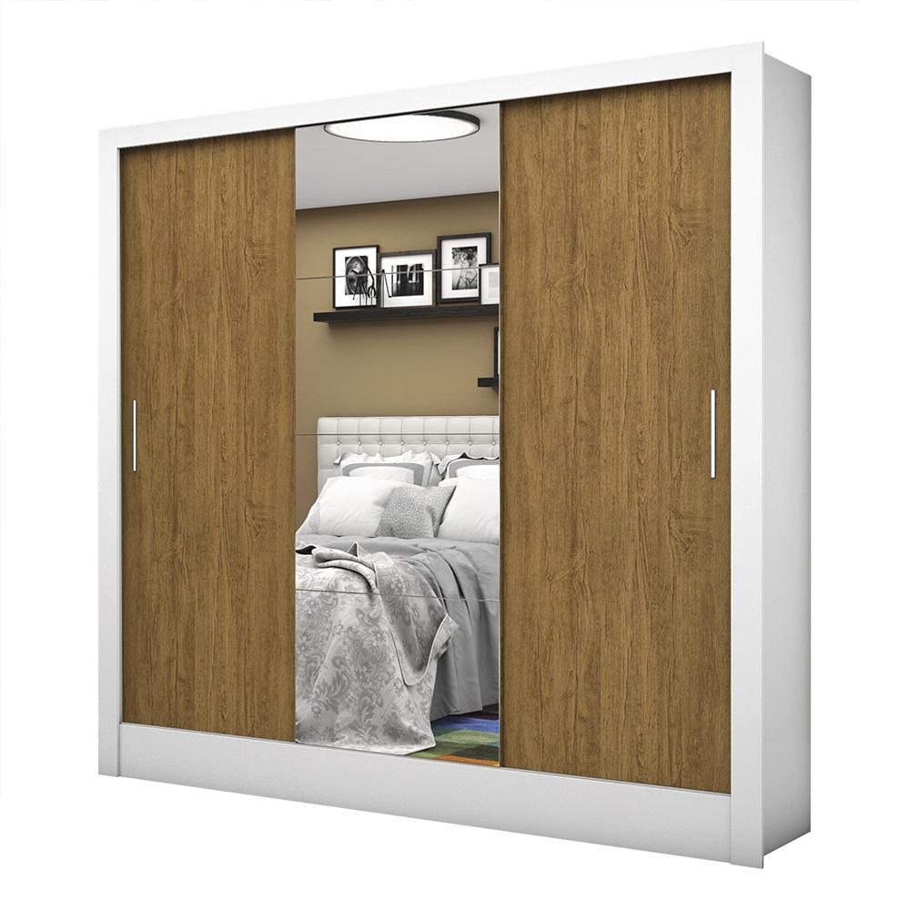 Guarda Roupa Roupeiro Santiago Plus 3 Portas de Correr com Espelho Central 3 Gavetas Carioca Branco Cinamomo