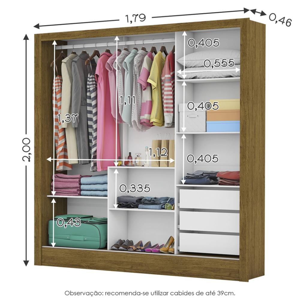 Guarda Roupa Roupeiro Santiago Plus 3 Portas de Correr com Espelho Central 3 Gavetas Carioca Cinamomo Branco