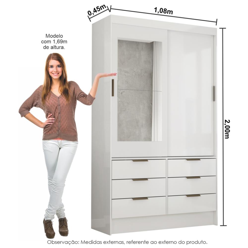 Guarda Roupa Roupeiro Sevilha 2 Portas de Correr 1 Espelho 6 Gavetas Carioca Branco