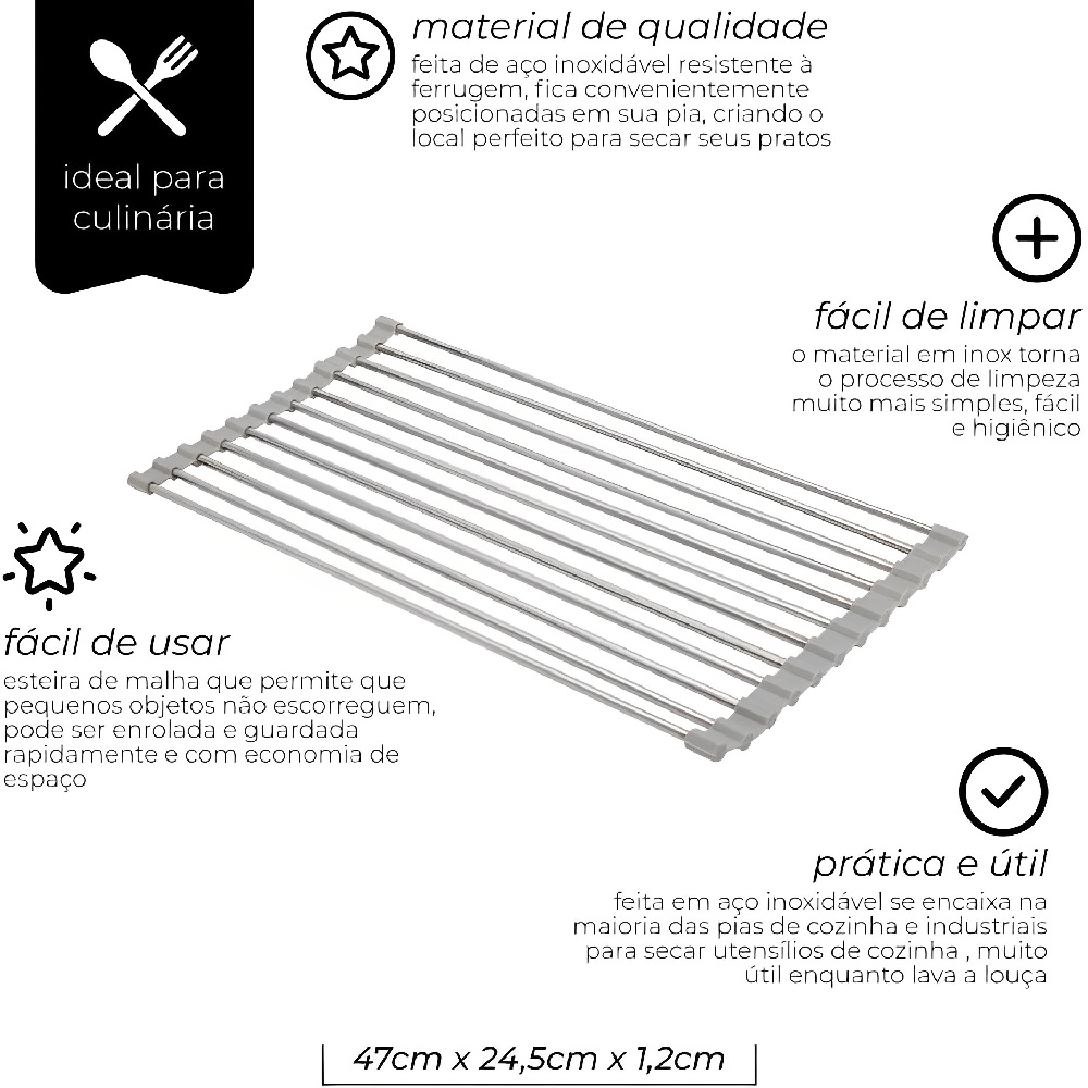  Esteira Escorredora Cozinha Multifunções Inox Silicone 48x24 