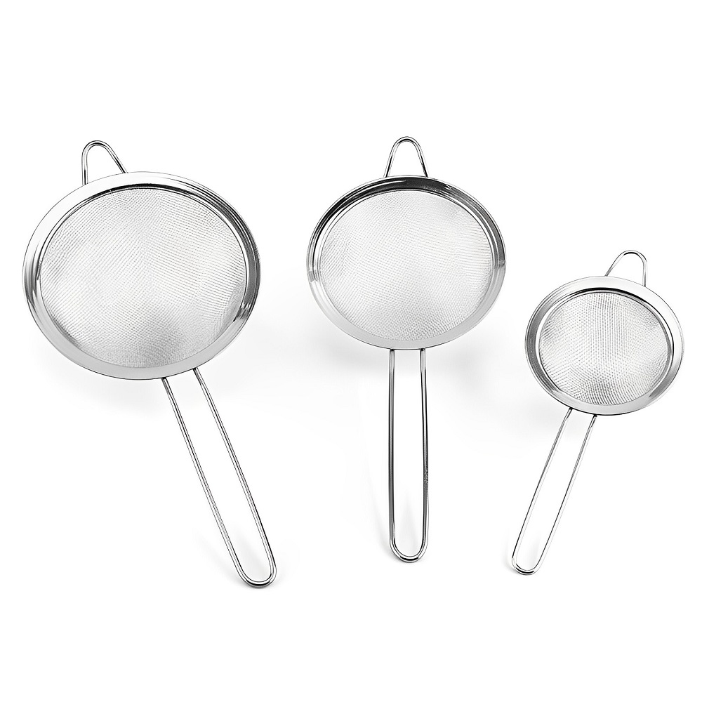  Peneiras Inox para Cozinha - Conjunto 3 Unidades - Coador Barman - Polvilhado Confeitaria - Escorredor  