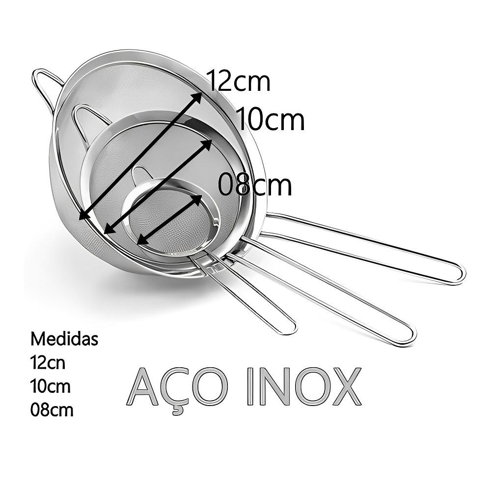  Peneiras Inox para Cozinha - Conjunto 3 Unidades - Coador Barman - Polvilhado Confeitaria - Escorredor  