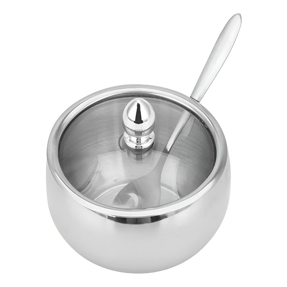 Açucareiro de Mesa em Inox com Tampa de Vidro e Colher 