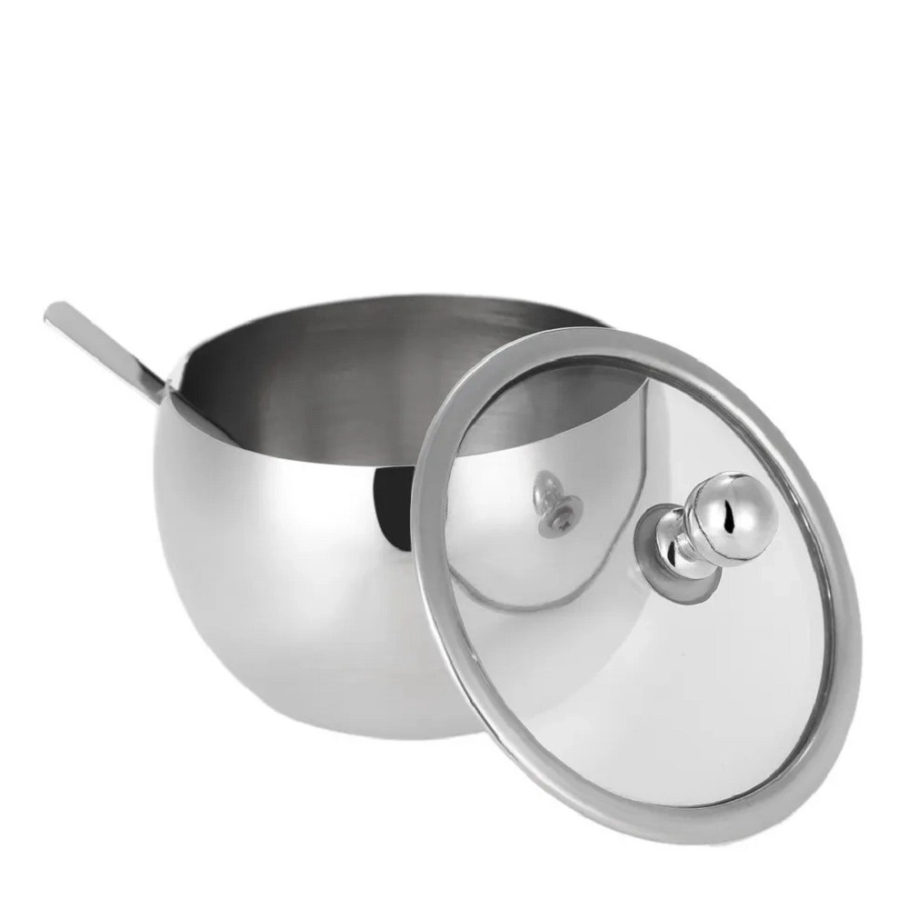 Açucareiro de Mesa em Inox com Tampa de Vidro e Colher 