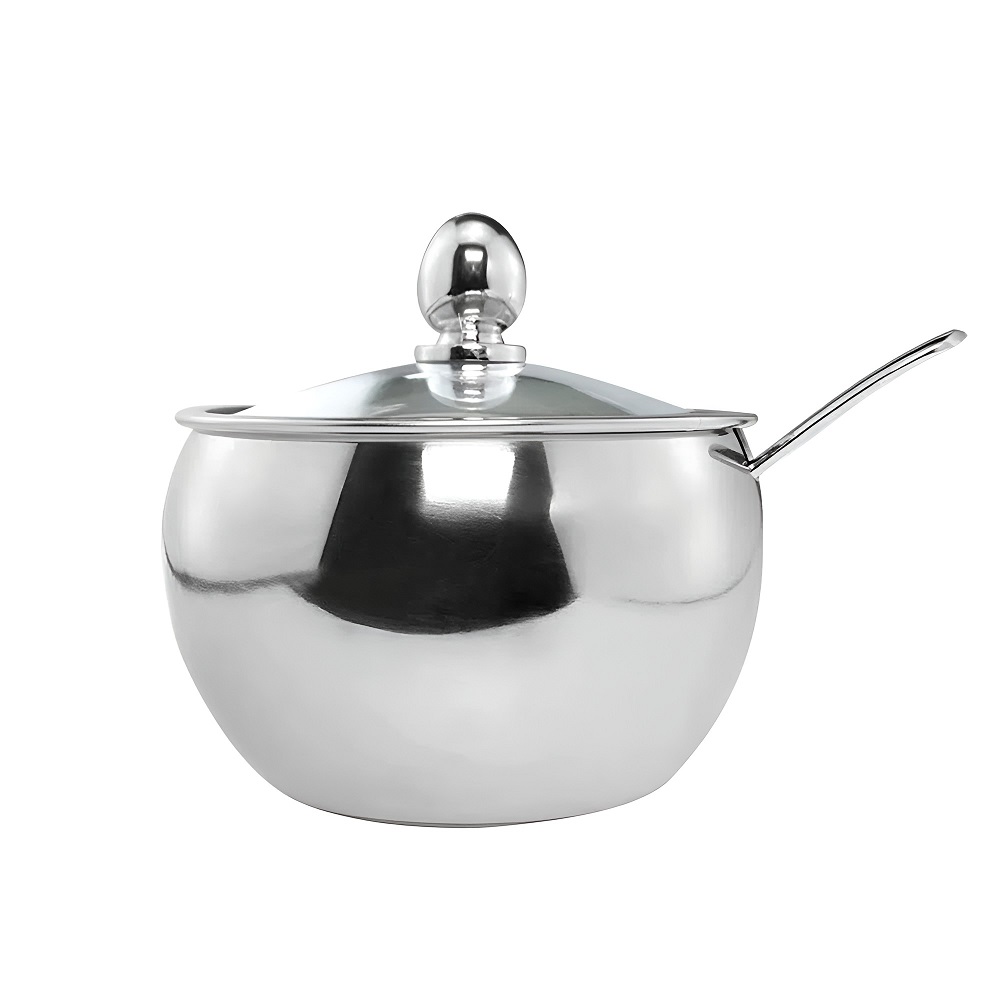 Açucareiro de Mesa em Inox com Tampa de Vidro e Colher 