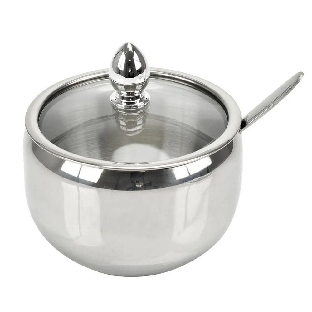 Açucareiro de Mesa em Inox com Tampa de Vidro e Colher 