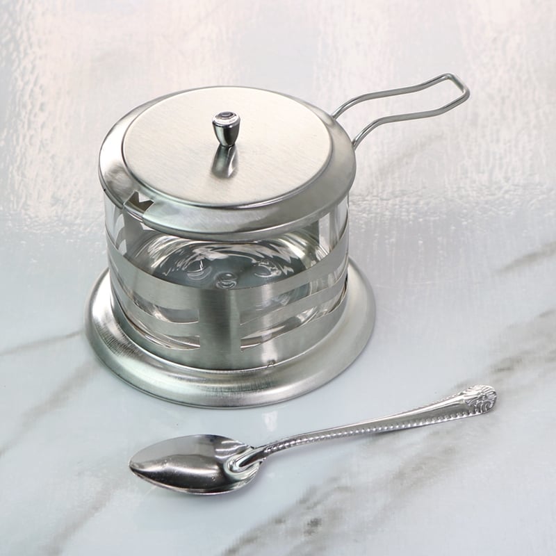 Açucareiro de vidro inox tampa colher cozinha gourmet café chá com tampa e colher 