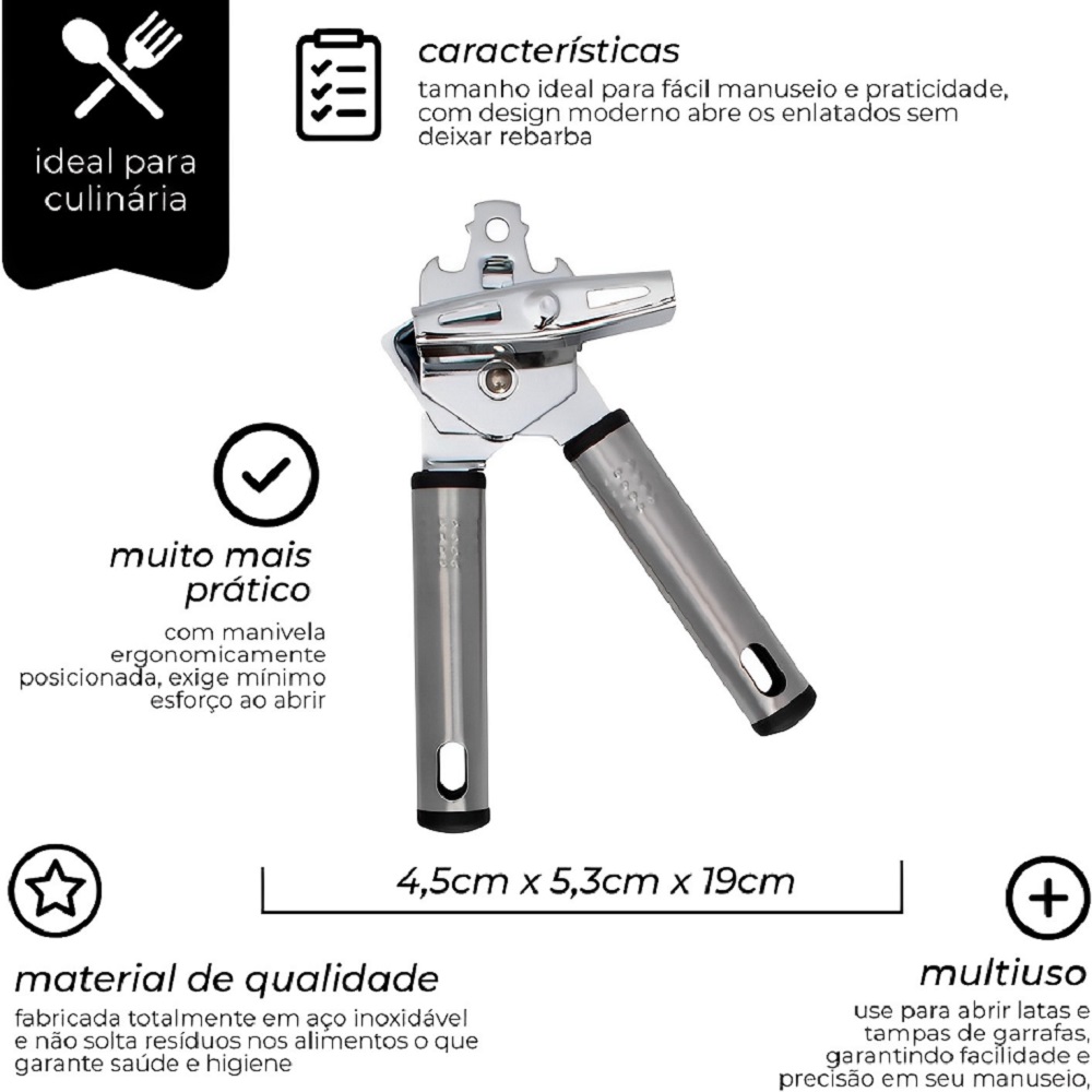 Abridor de Latas e Garrafas Americano Inox Multifuncional Chef 