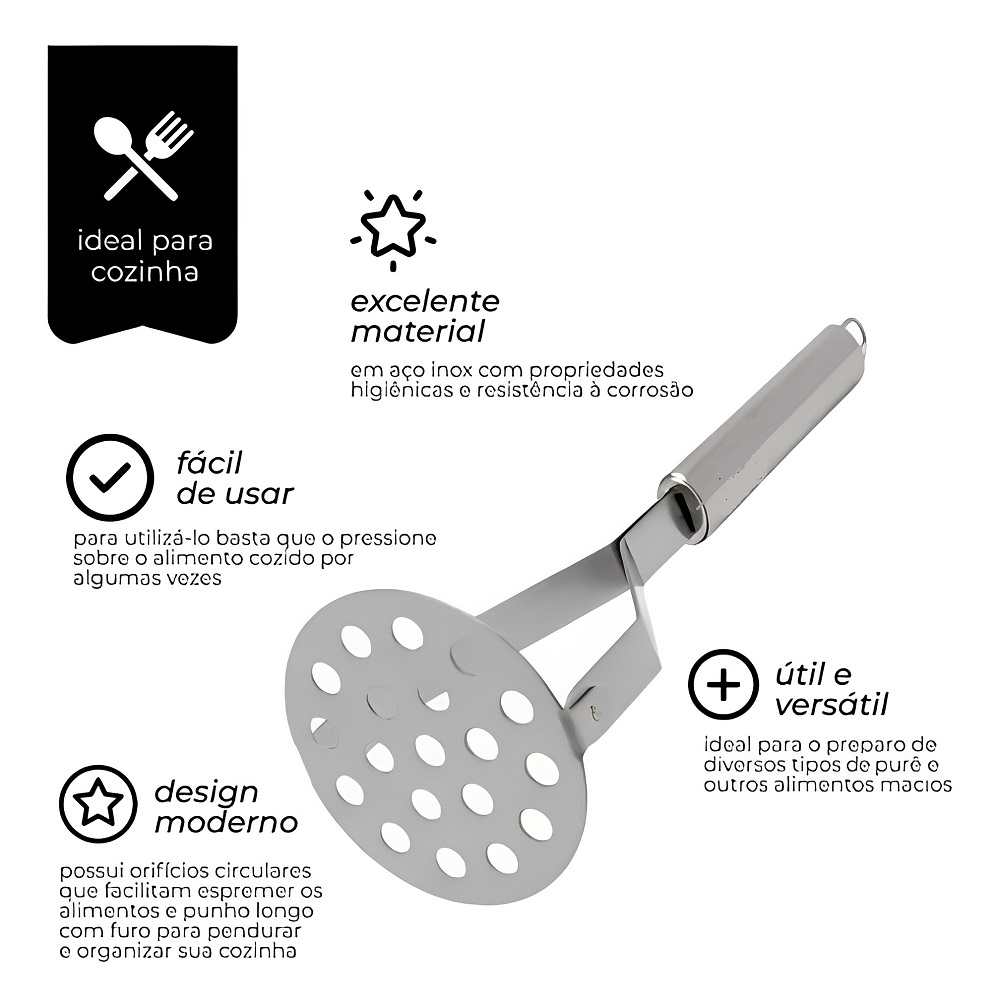 Amassador Espremedor de Batata e Legumes  Profissional 25cm - Inox Prata 