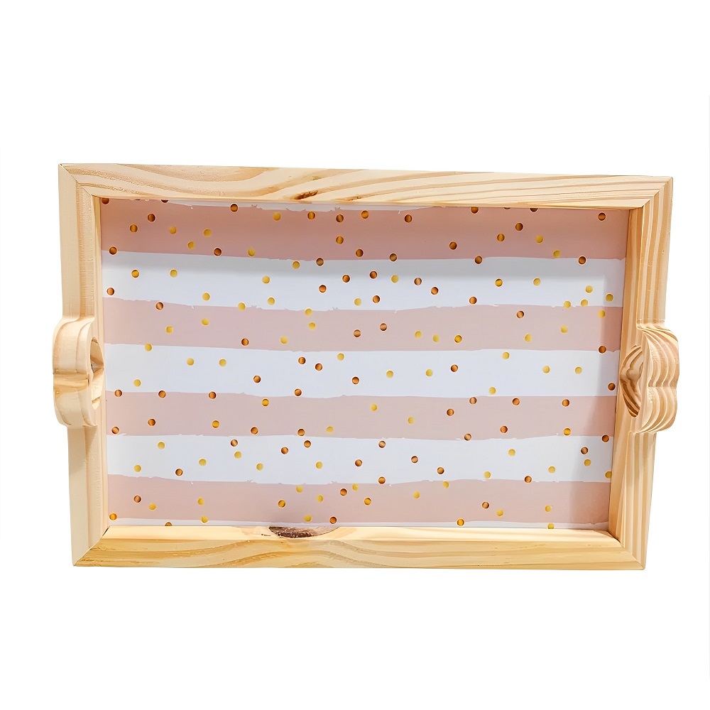 Bandeja Madeira Pinus Retangular Alça Coração 28x20cm Bolinhas