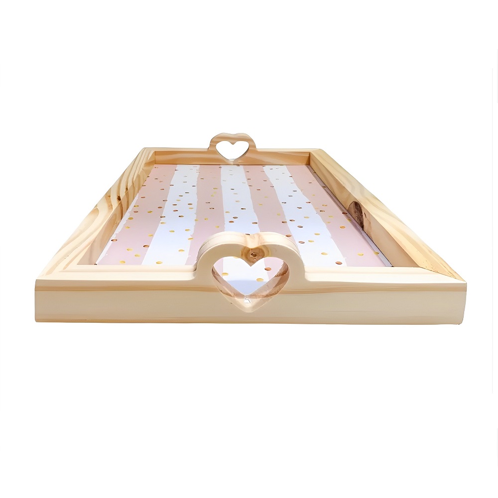 Bandeja Madeira Pinus Retangular Alça Coração 28x20cm Bolinhas