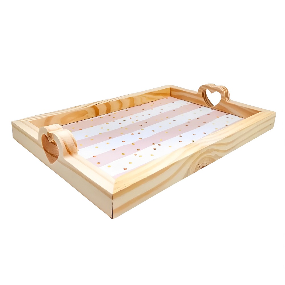 Bandeja Madeira Pinus Retangular Alça Coração 28x20cm Bolinhas