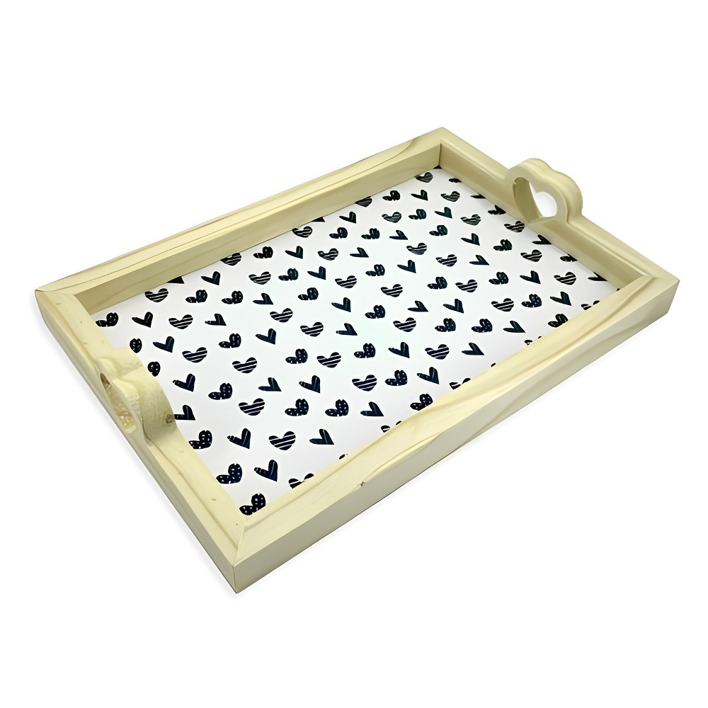 Bandeja Madeira Pinus Retangular Alça Coração 28x20cm Coração