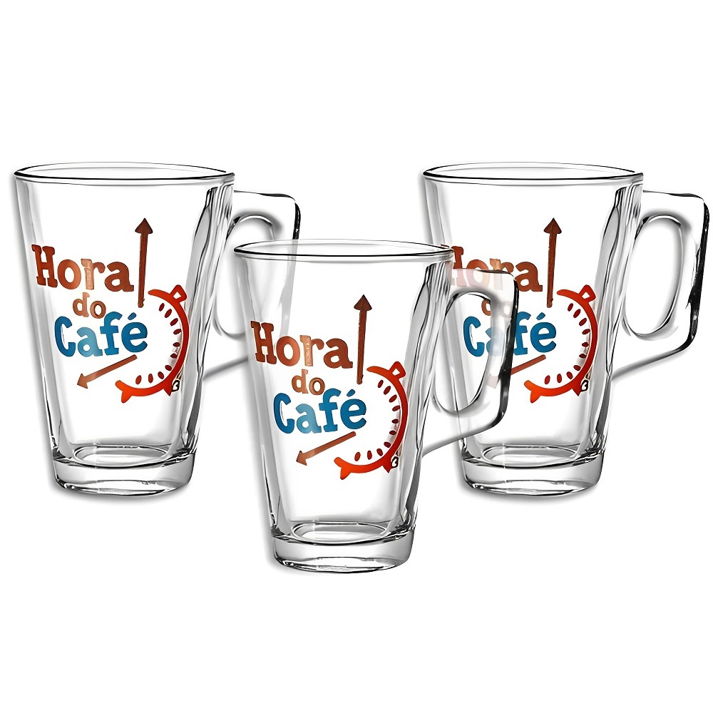 Caneca Vidro 230 mL - Jogo 3 Peças Café, Cappuccino, Café, Leite 