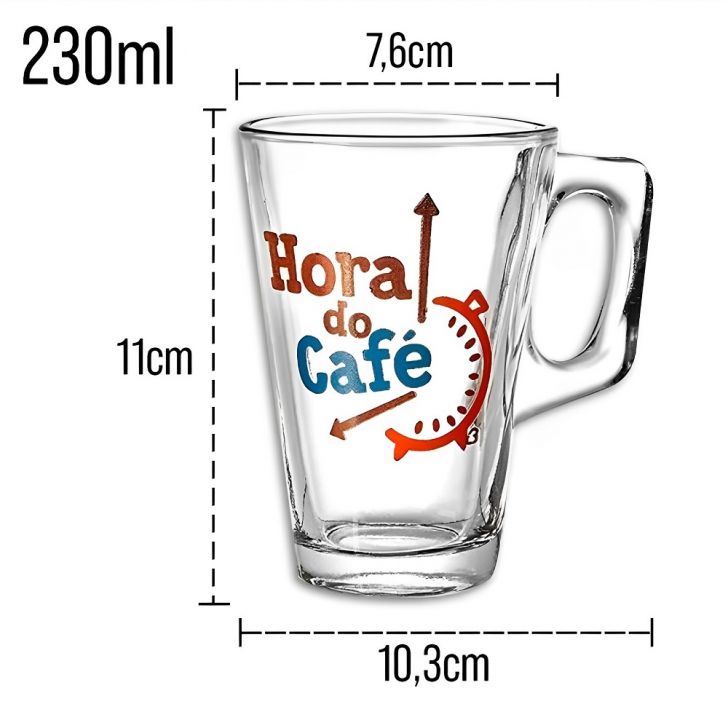 Caneca Vidro 230 mL - Jogo 3 Peças Café, Cappuccino, Café, Leite