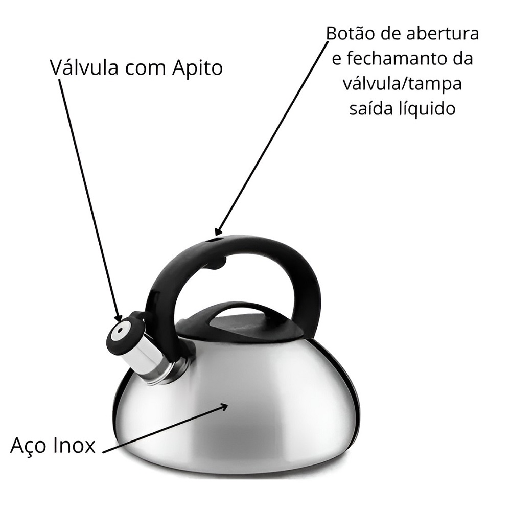 Chaleira Inox 3 Litros com Apito para Fogão de Indução 