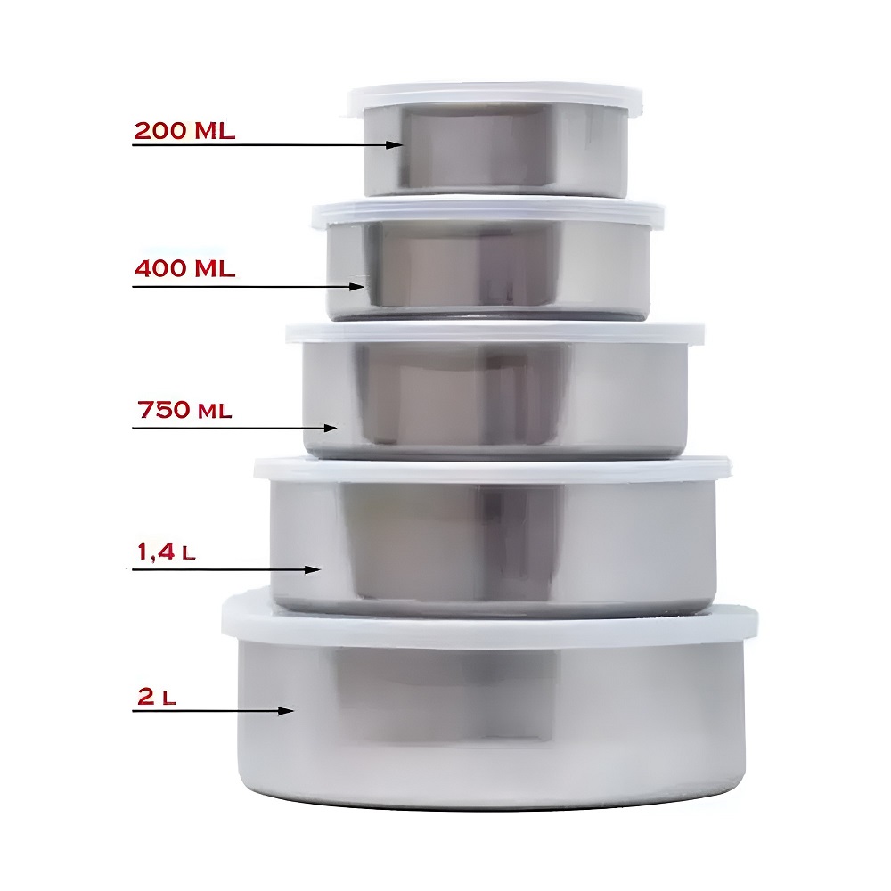 Conjunto De Potes Bowls Em Inox 5 Peças com Tampas Flexiveis 
