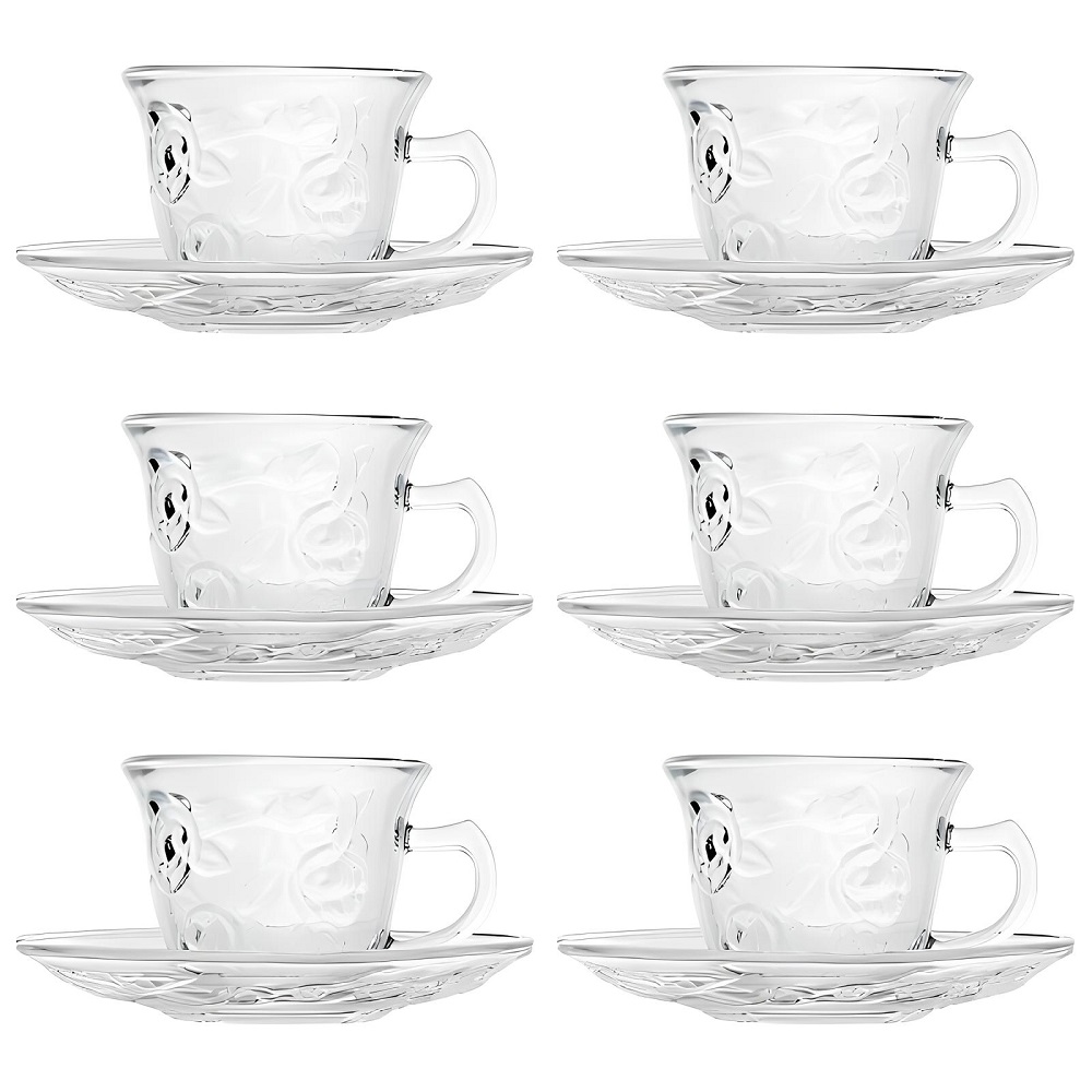 Conjunto Jogo de Xícaras 12 Peças 170ml em Vidro - Chá &amp; Café - Rose Design 