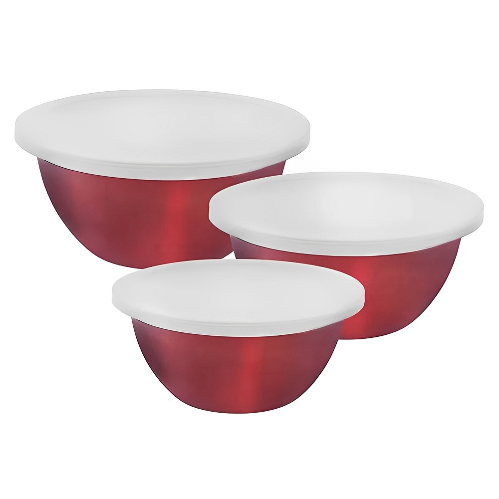 Conjunto Tigelas Inoxidáveis Empilháveis com Tampas Herméticas - Kit 3 Peças - Pote - Vasilha - Bowl 