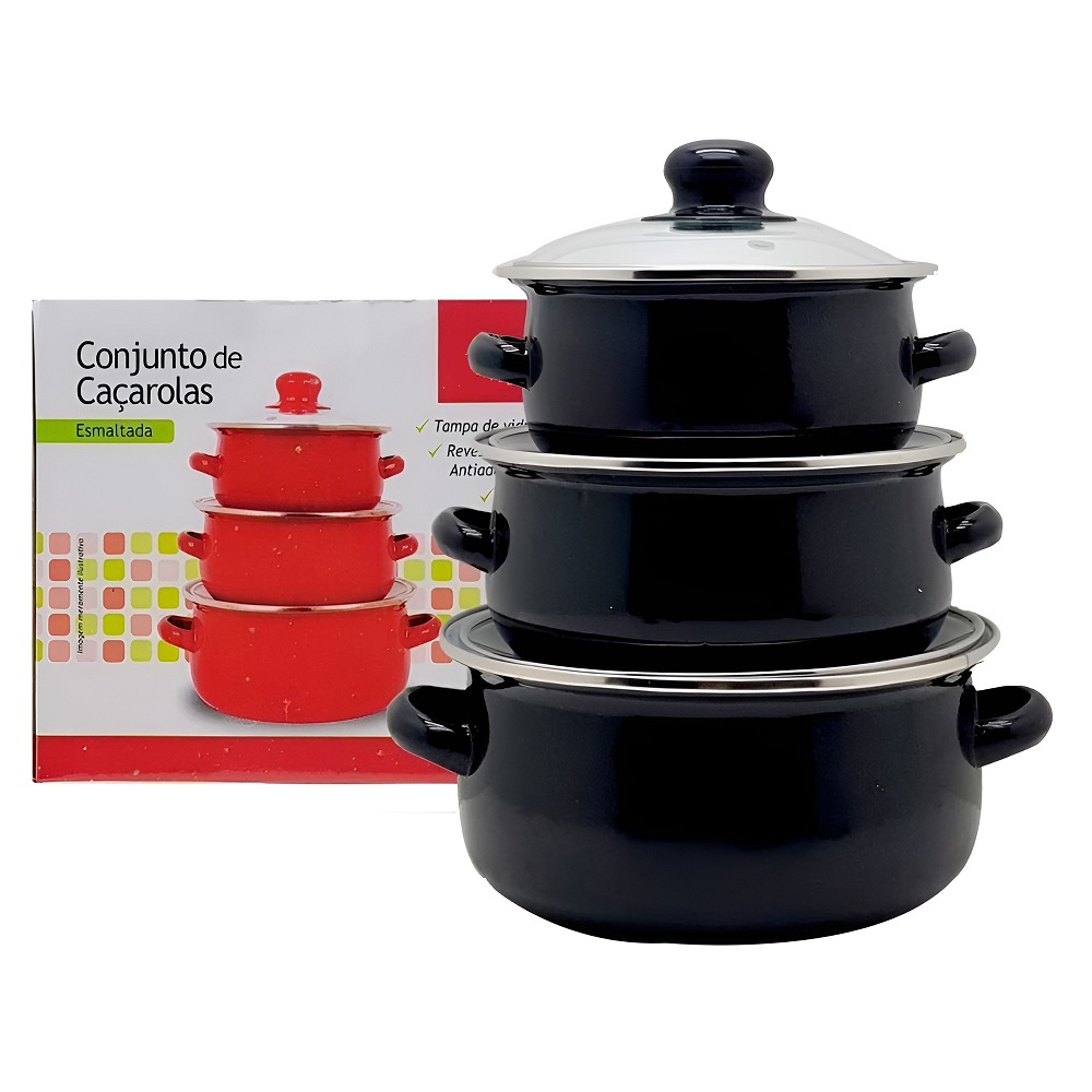 Conjunto com 3 Panelas Caçarolas Esmaltadas Fogão Elétrico Vitro-Ceramico e a Gás 