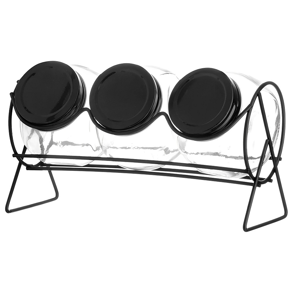 Conjunto com 3 Potinhos Para Temperos, Doces, Condimentos + Suporte 