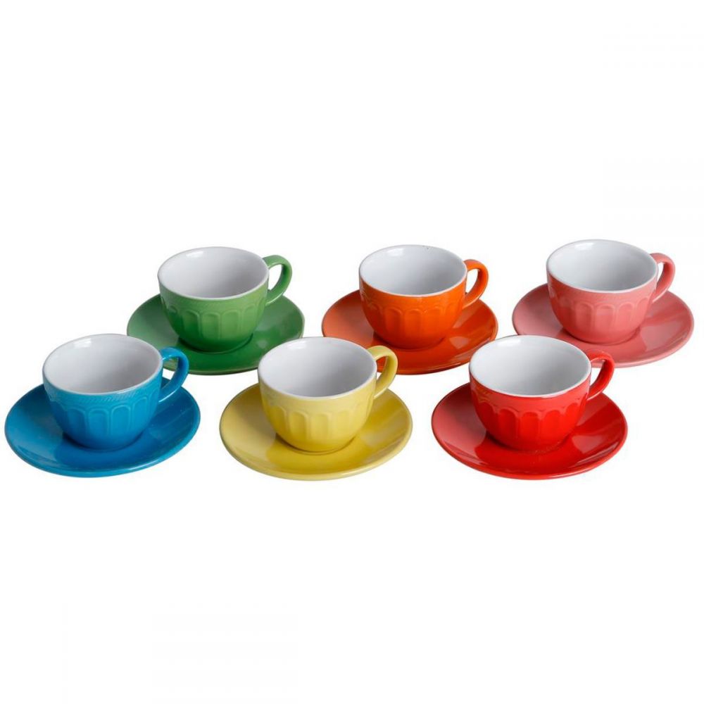 Conjunto com 6 Xicaras Café com 6 Pires Colorido 90ml Porecelana 
