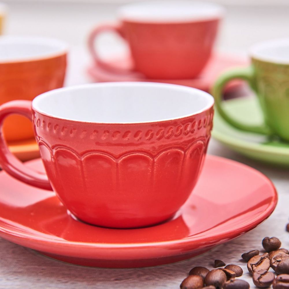 Conjunto com 6 Xicaras Café com 6 Pires Colorido 90ml Porecelana 