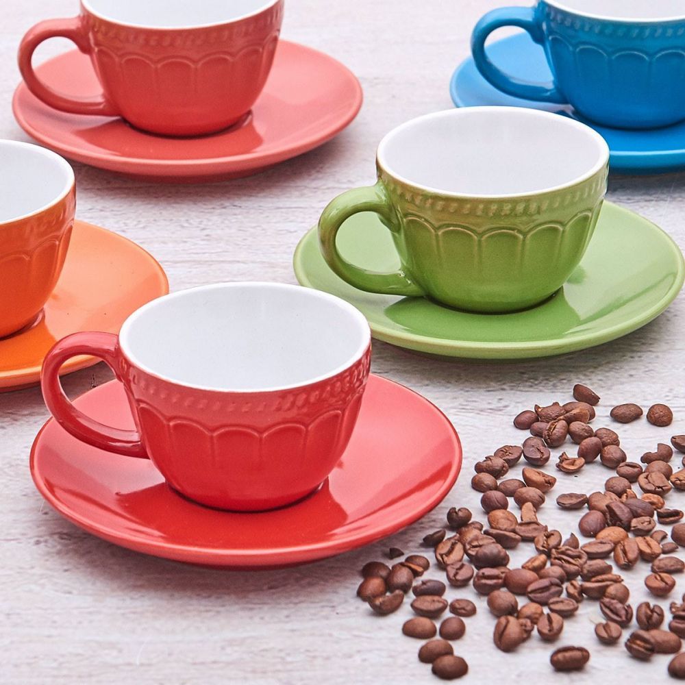 Conjunto com 6 Xicaras Café com 6 Pires Colorido 90ml Porecelana 
