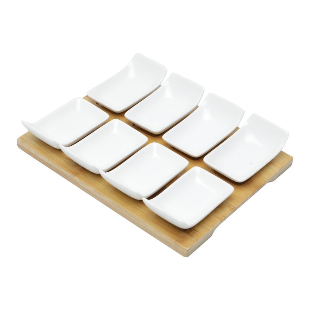 Conjunto com 8 Mini Petisqueiras Porcelana com Tabua em Bambu 