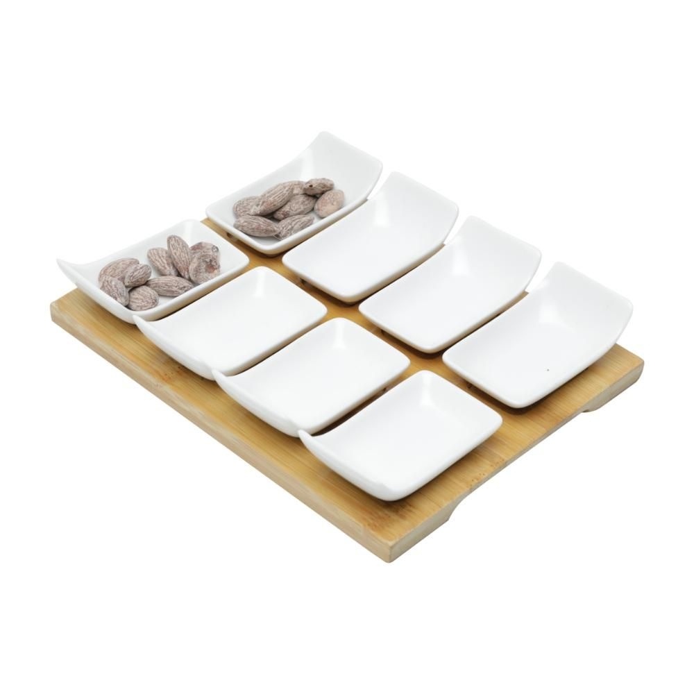 Conjunto com 8 Mini Petisqueiras Porcelana com Tabua em Bambu 