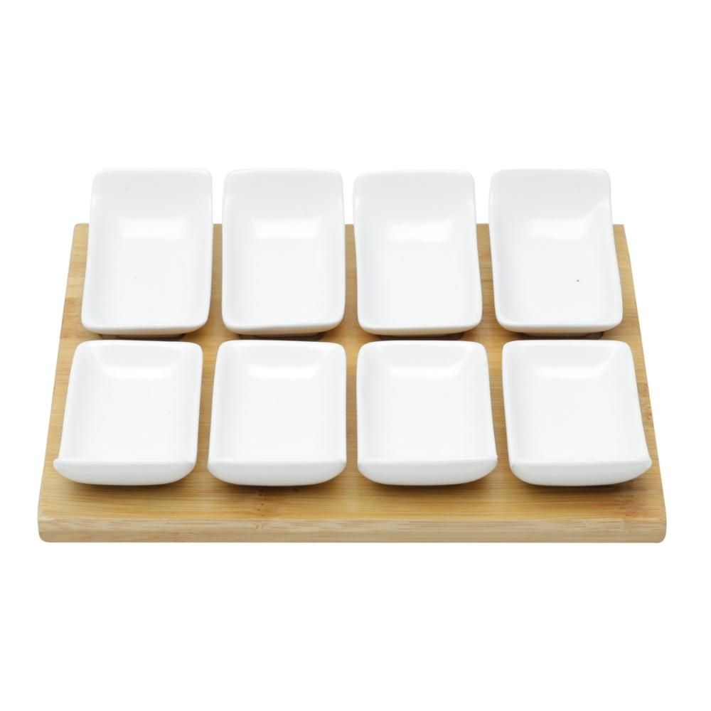 Conjunto com 8 Mini Petisqueiras Porcelana com Tabua em Bambu 