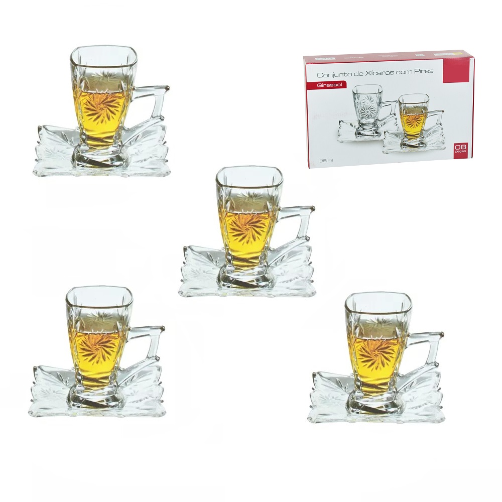 Conjunto de Xicaras em Vidro 85ml com 04 Xicaras e 04 Pires 