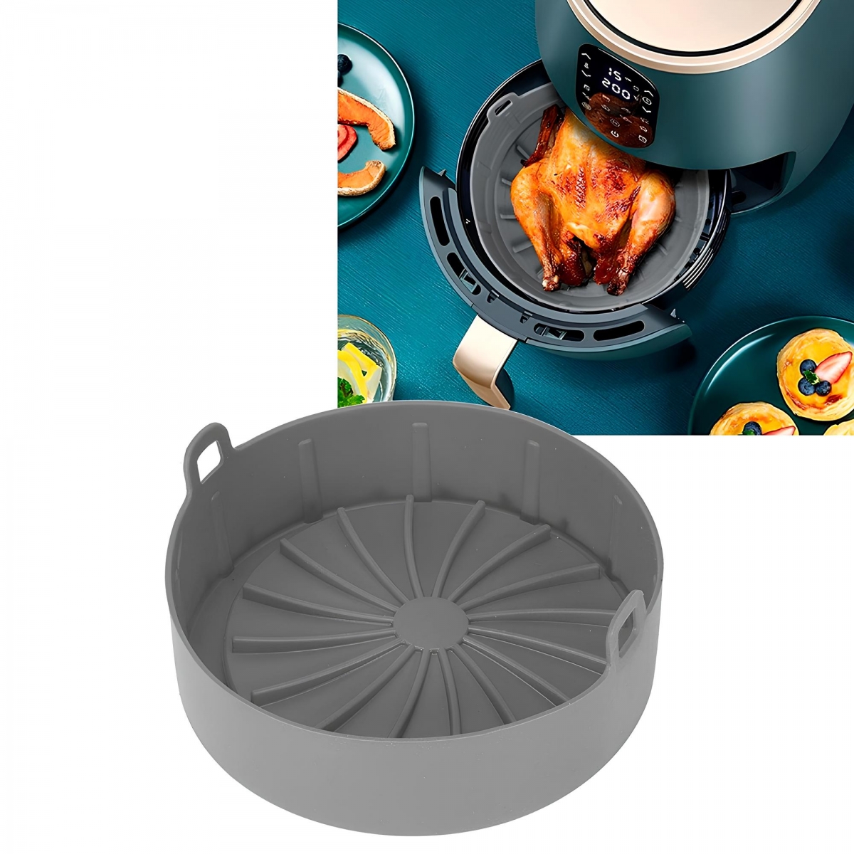 Forma De Silicone Air Fryer Redonda Grande 22cm C/ Alças - Cinza 