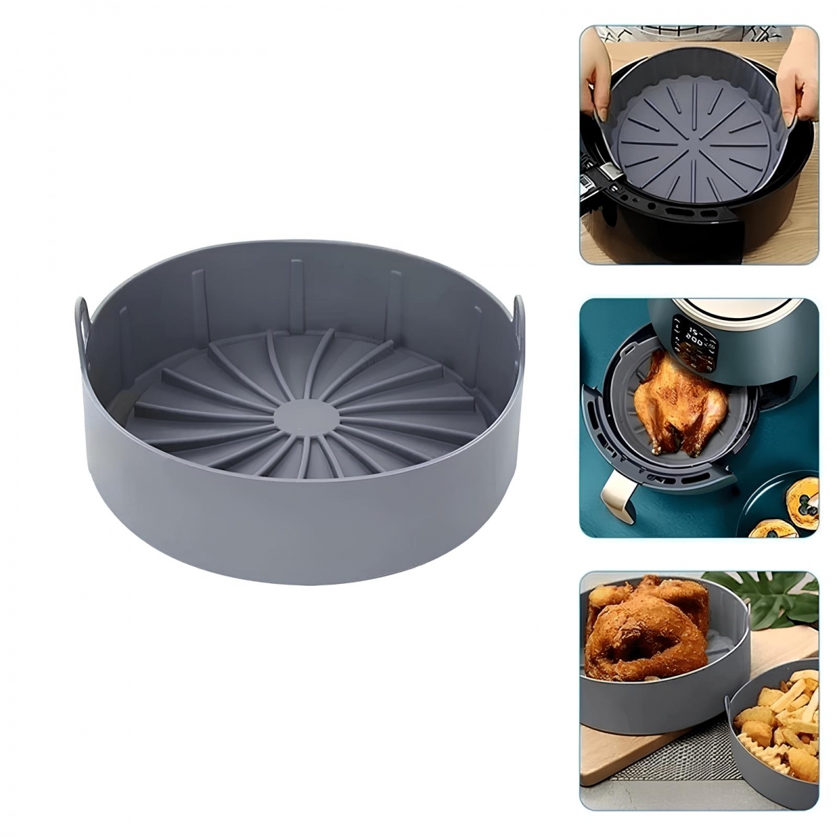 Forma De Silicone Air Fryer Redonda Grande 22cm C/ Alças - Cinza 