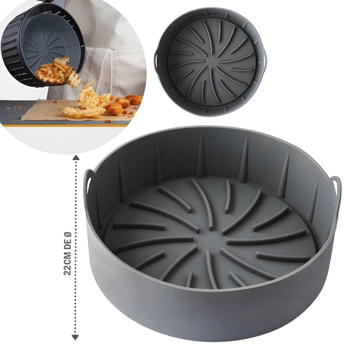 Forma De Silicone Air Fryer Redonda Grande 22cm C/ Alças - Cinza 