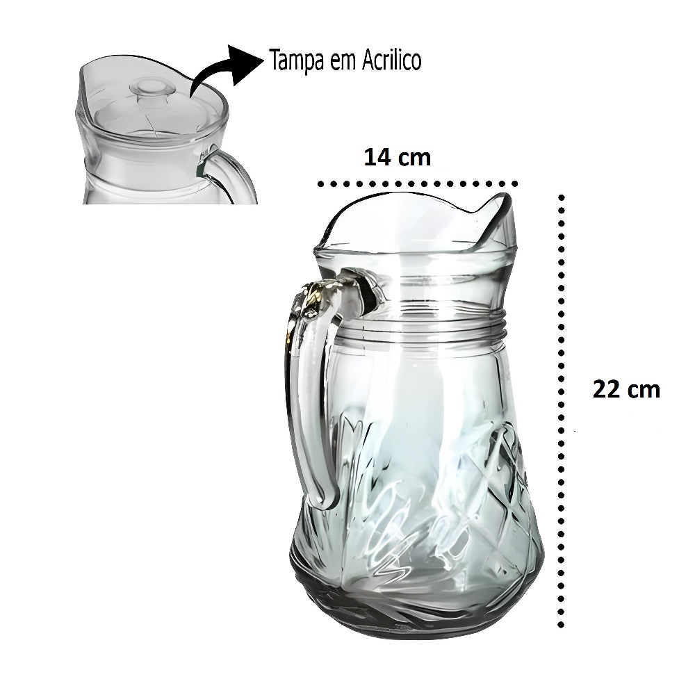 Jarra de Vidro 1300ml Transparente - Alça, Bico e Tampa para Água, Suco e Chá 