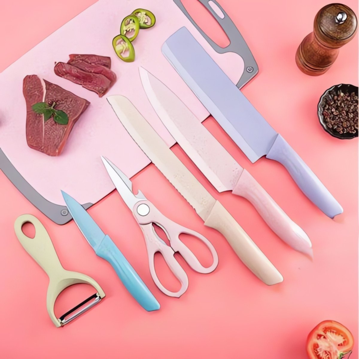 Jogo de Facas em Aço Inox - 6 Peças Coloridas com Tesoura e Descascador 
