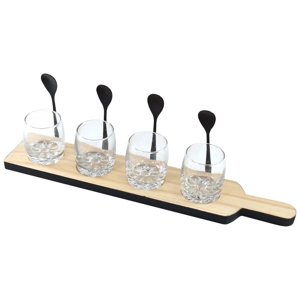Jogo para Sobremesas / Shot com 04 Copos Colheres e Base em Madeira 