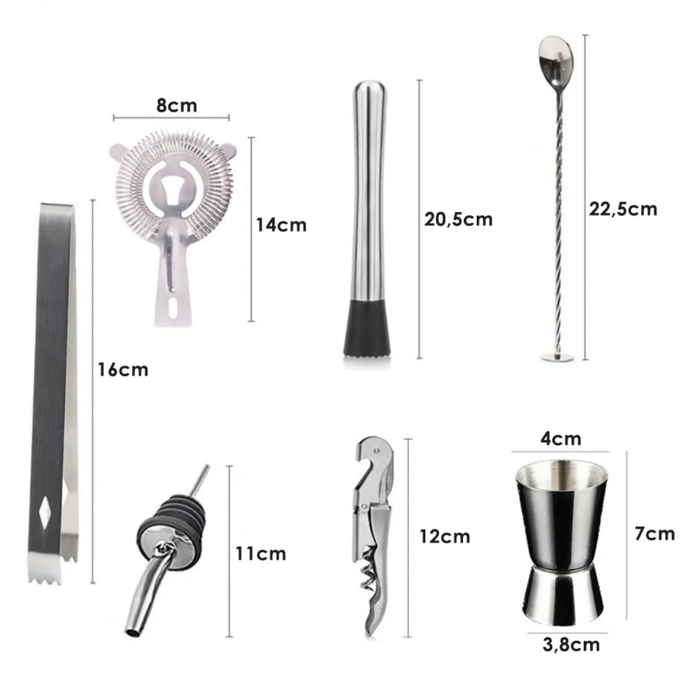 Kit Barman Profissional Coqueteleira 500ml 11 Peças Inox Caipirinha Drinks 