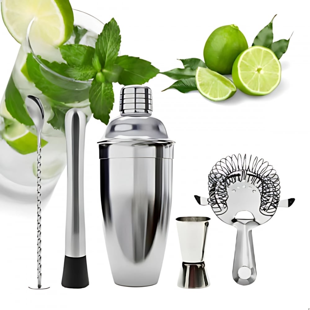 Kit Coqueteleira Aço Inox Bartender 05 Peças Drinks Coquetéis 
