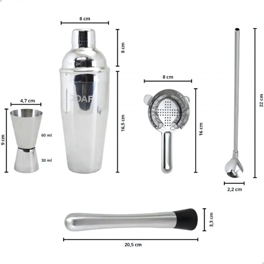 Kit Coqueteleira Aço Inox Bartender 05 Peças Drinks Coquetéis 