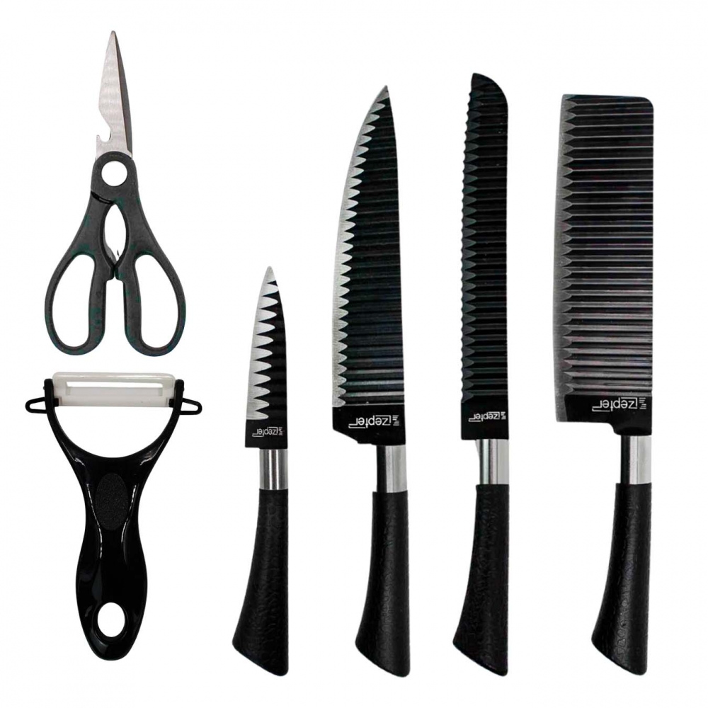 Kit Facas Chef Aço Inox Antiaderente Preto 6 Peças Com Tesoura 