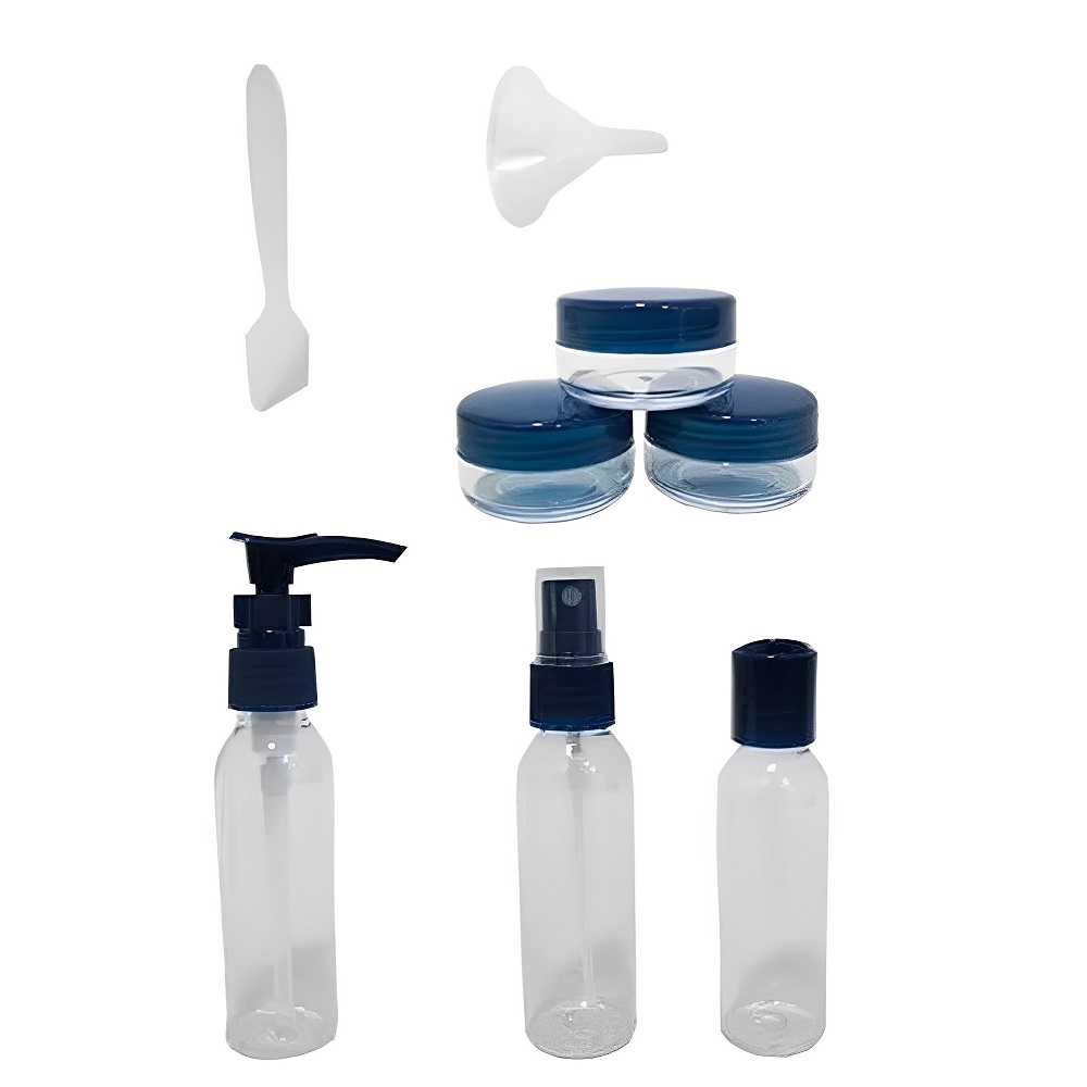 Kit Frascos Organiza Viagem 9 Peças Shampoo Creme Bolsa Mala Azul