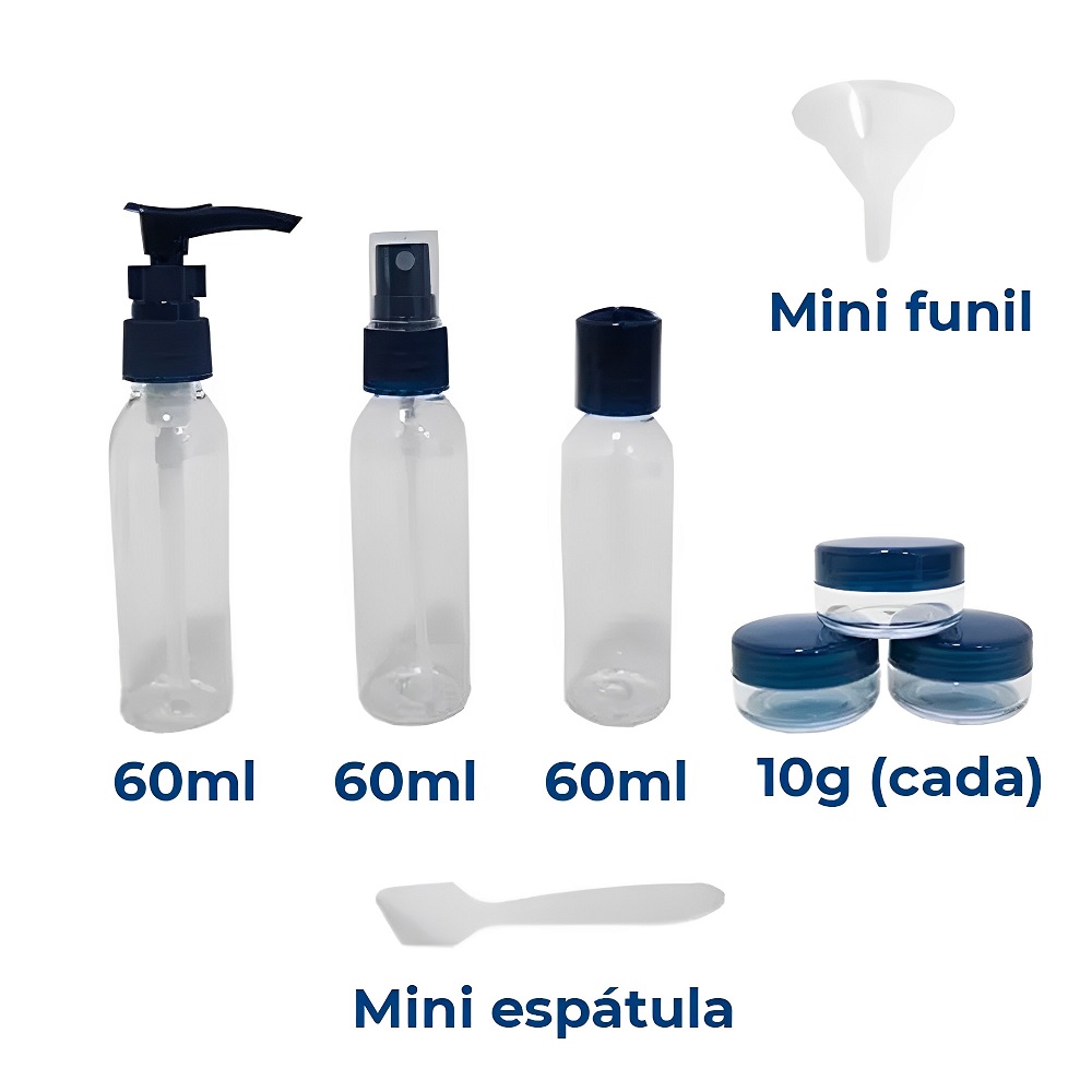 Kit Frascos Organiza Viagem 9 Peças Shampoo Creme Bolsa Mala Azul