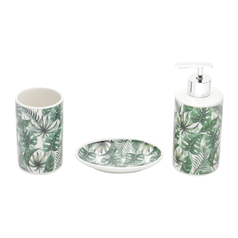 Kit Lavabo Banheiro Ceramica Folhas com 3 Peças 