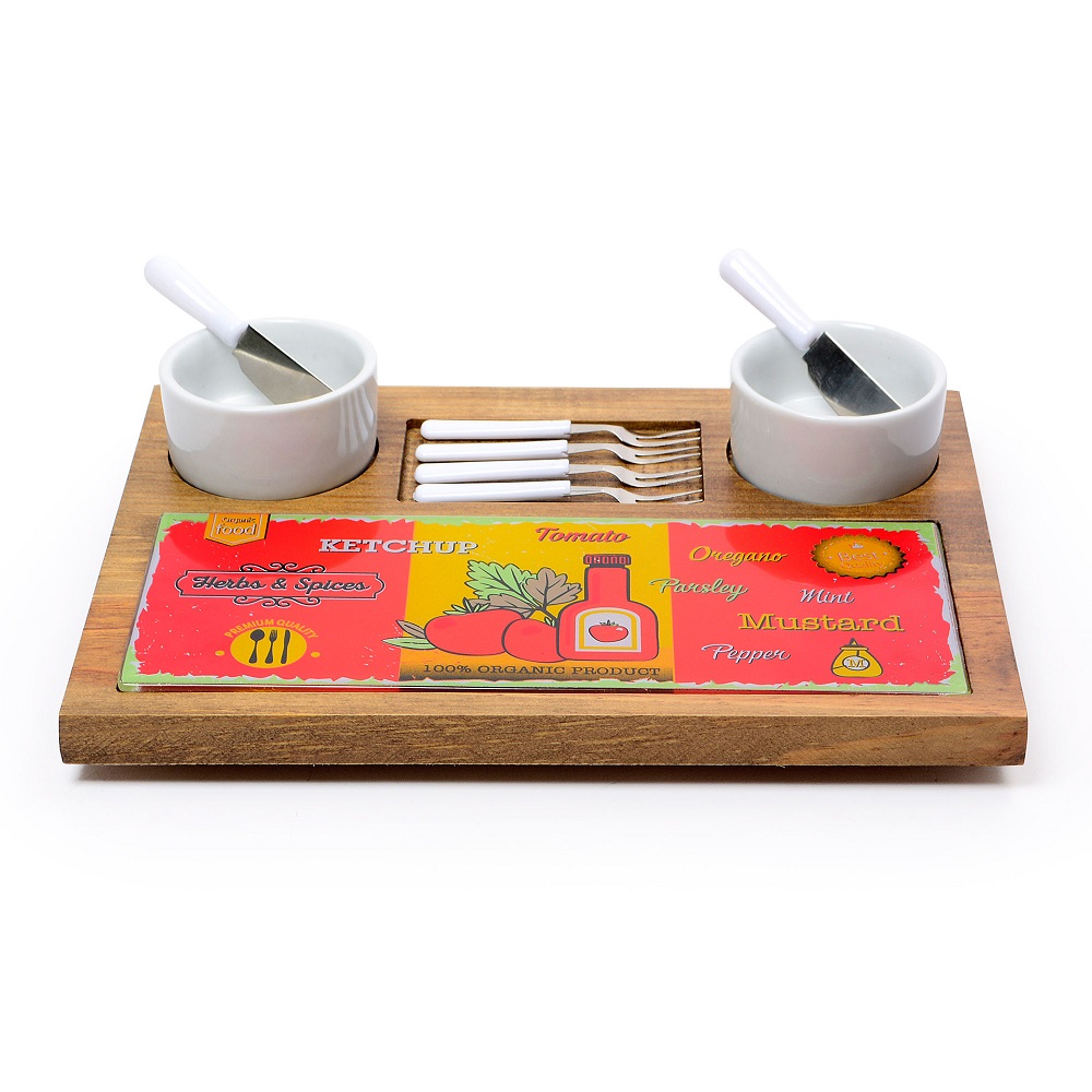 Kit Petisco Tabua de Frios com 2 Molheiras e Espatulas 